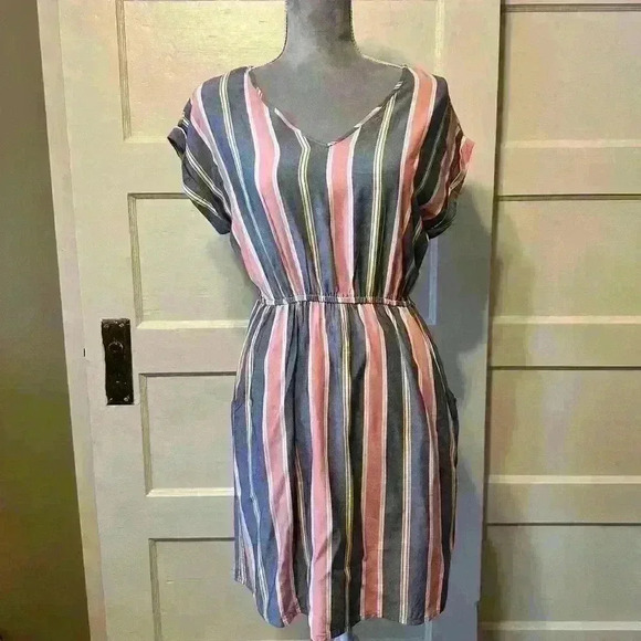Pink Rose dress. Striped with pockets! Blue, pink and yellow spring dress - Picture 1 of 7